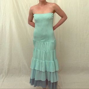 Blue Ombré Strapless Maxi Length Ruffle Dress